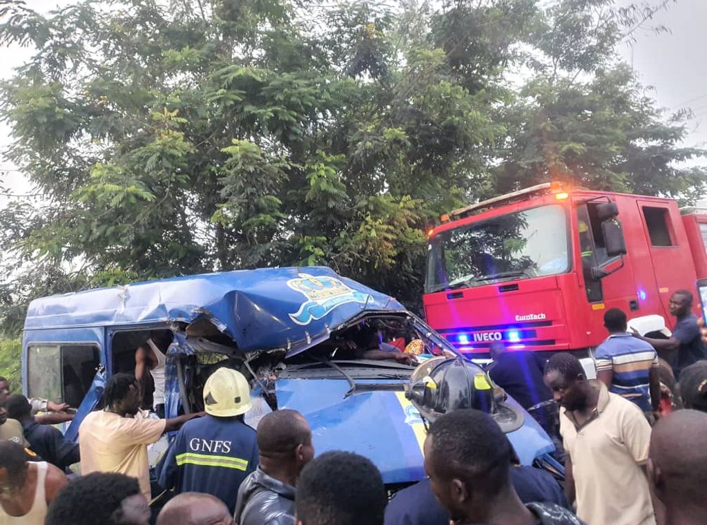 Konongo: 5 feared dead, 11 injured as sprinter bus collides with stationed tipper truck